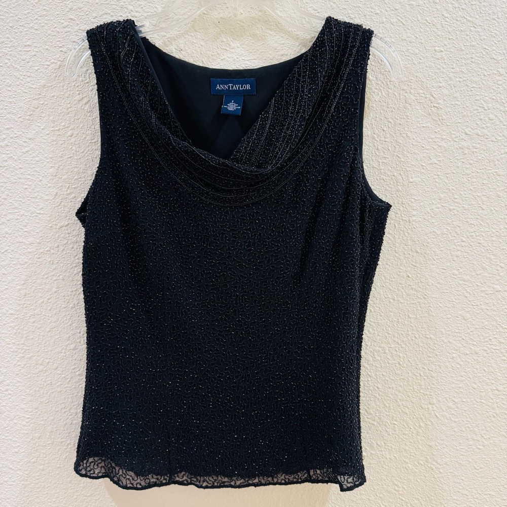Ann Taylor Black Beaded Cowl Neck Sleeveless Top